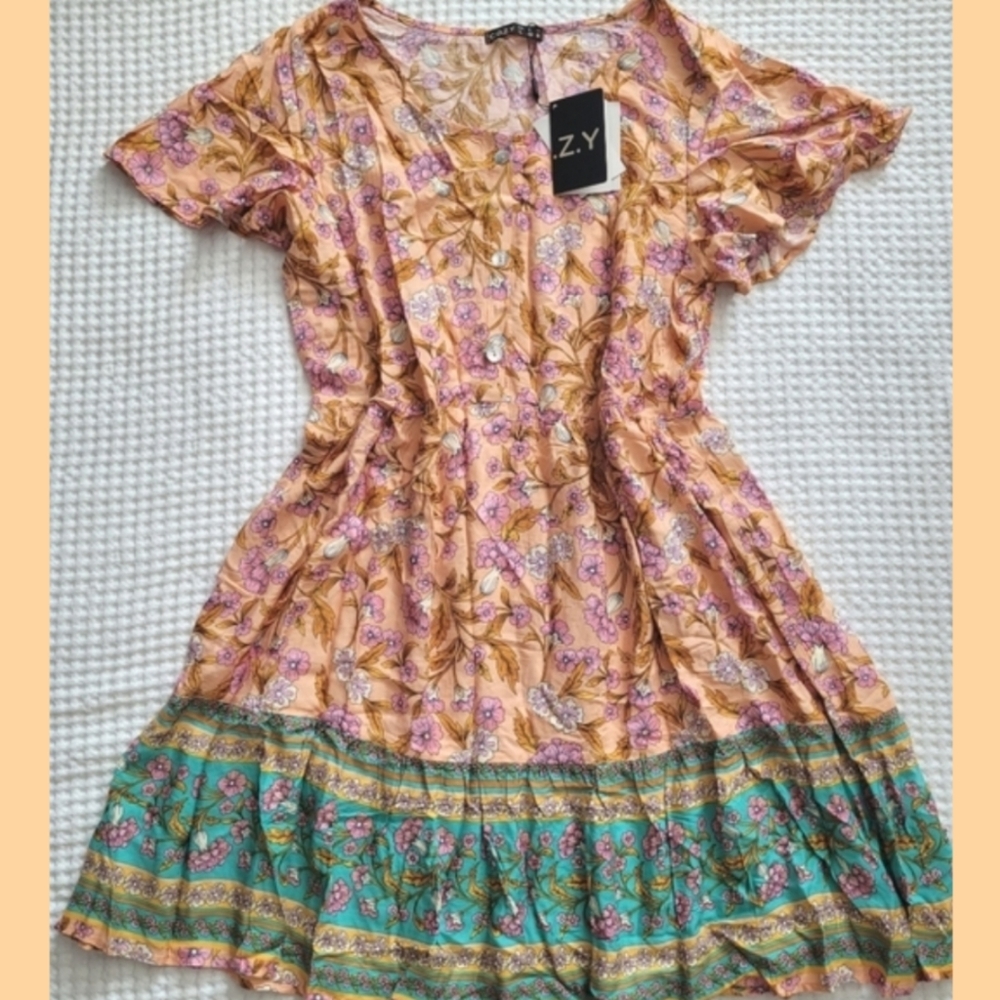 Boho Floral Mini Dress Large